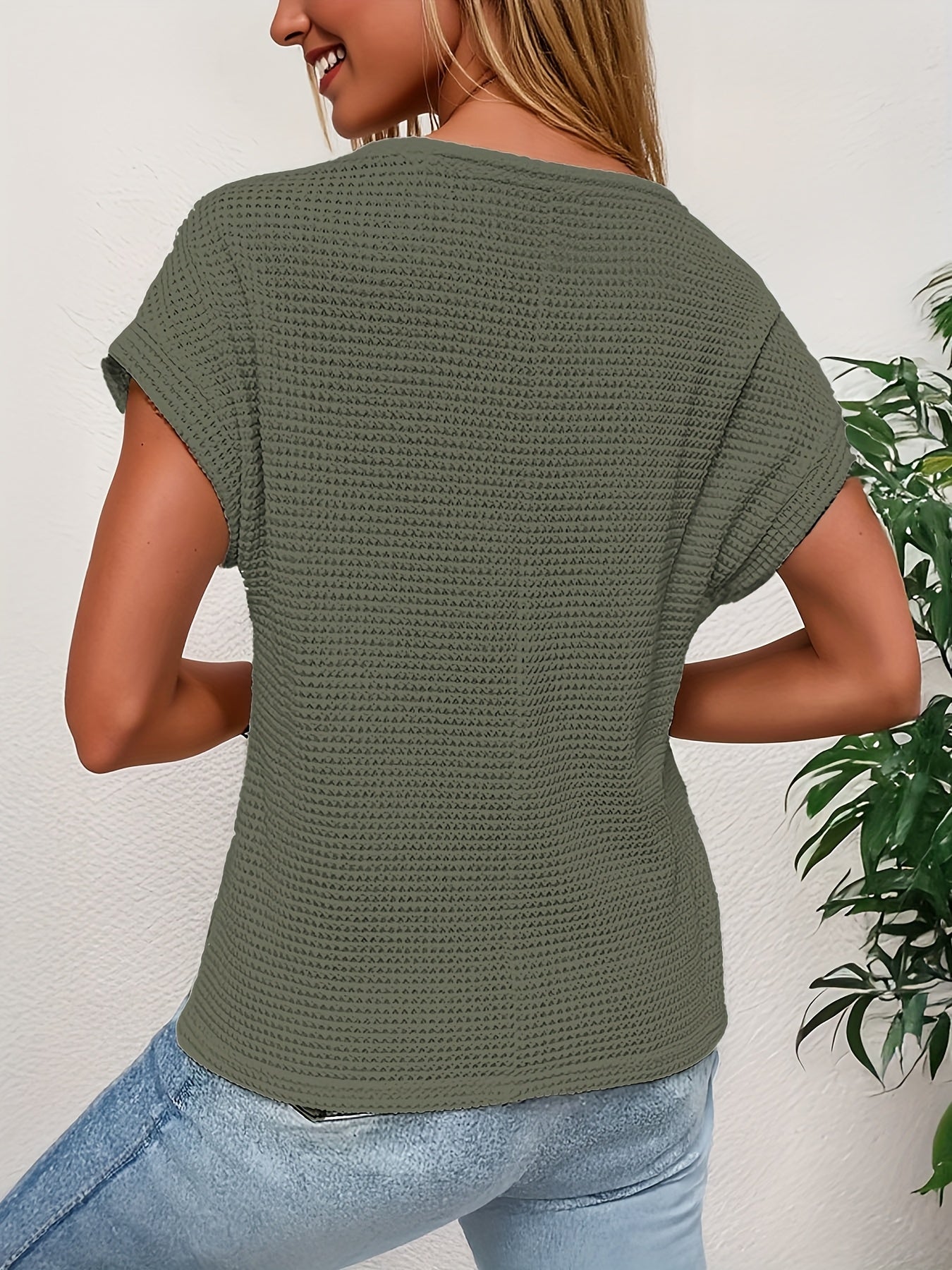Casual Crew Neck Waffle Loose Solid Color Tops