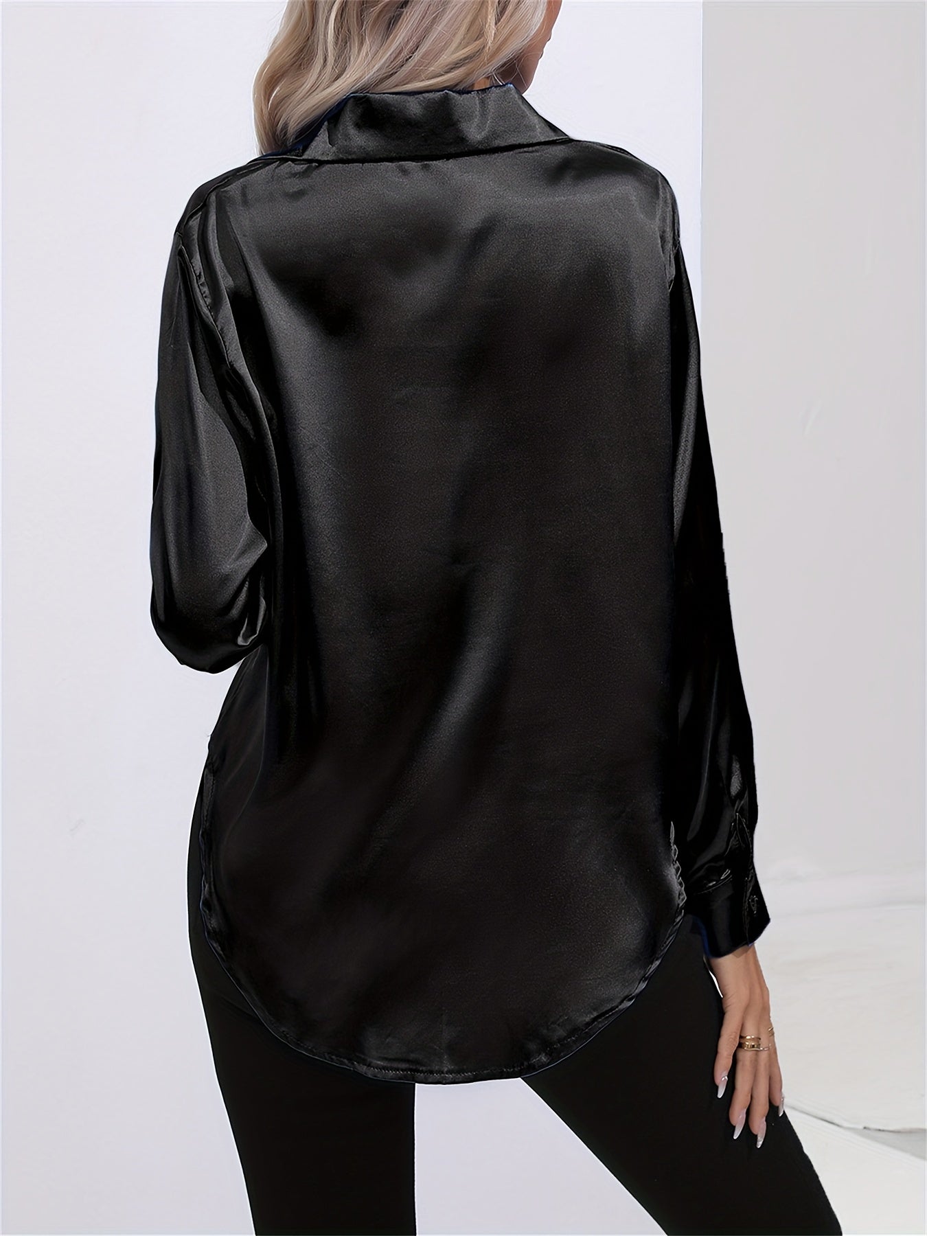 Lapel-collar Satin-satin-faux Silk Long-sleeved Shirt