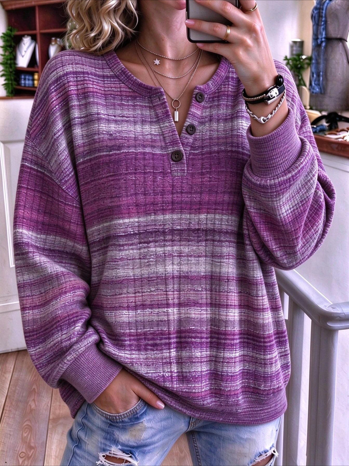 Abstract Regular Fit Casual Henley Collar Sweatshirt