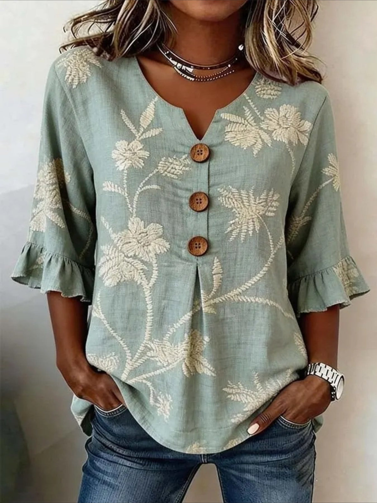 Floral V Neck Button Short Ruffle Sleeve Casual Top
