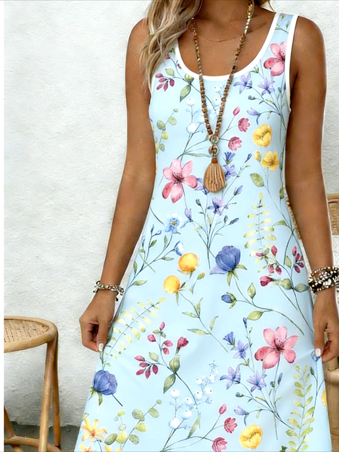 Floral Summer Crew Neck Sleeveless Tank A-Line Dress