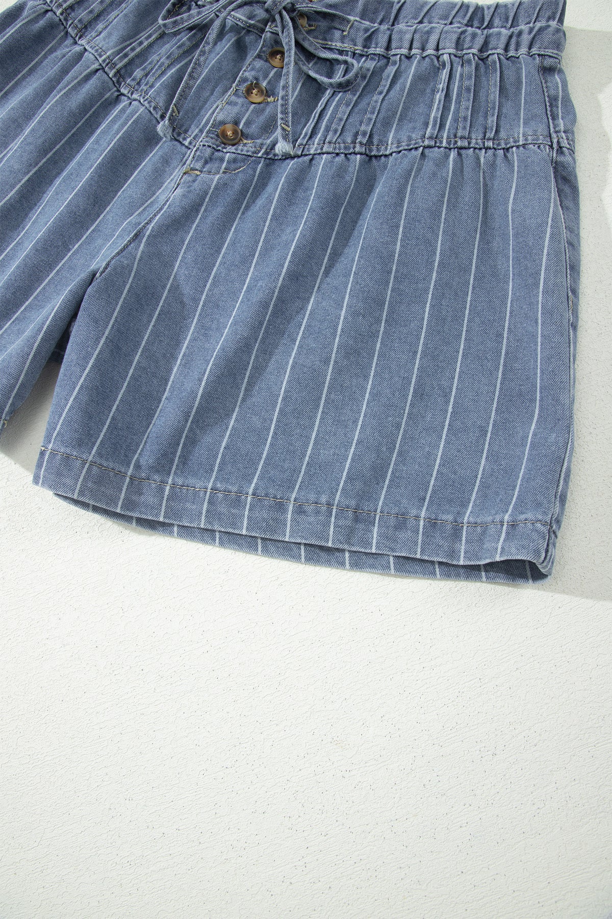 Sky Blue Stripe Drawstring Button Pleated High Waist Denim Shorts
