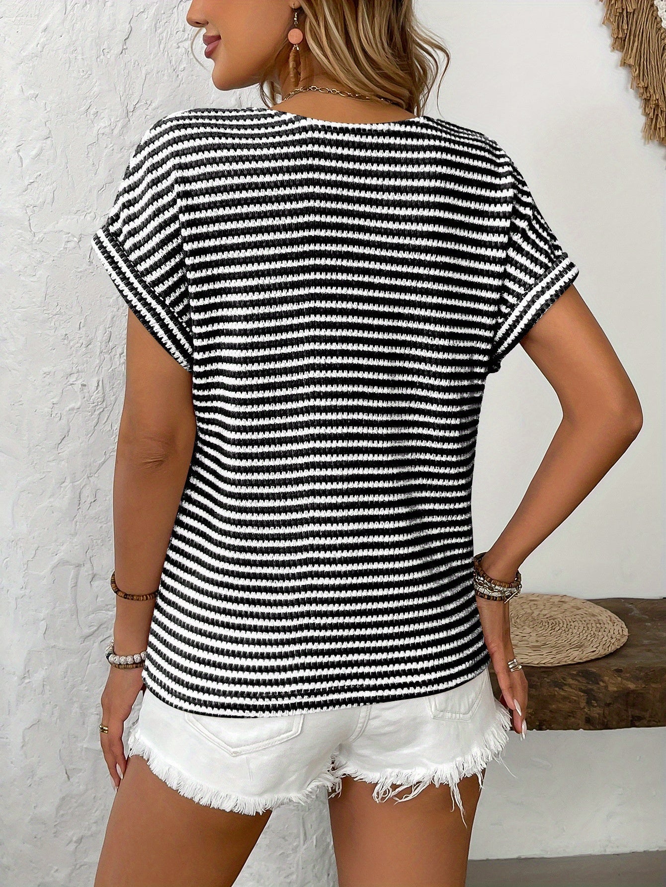 Patchwork V-Neck Button Pullover Short Sleeve T-Shirt