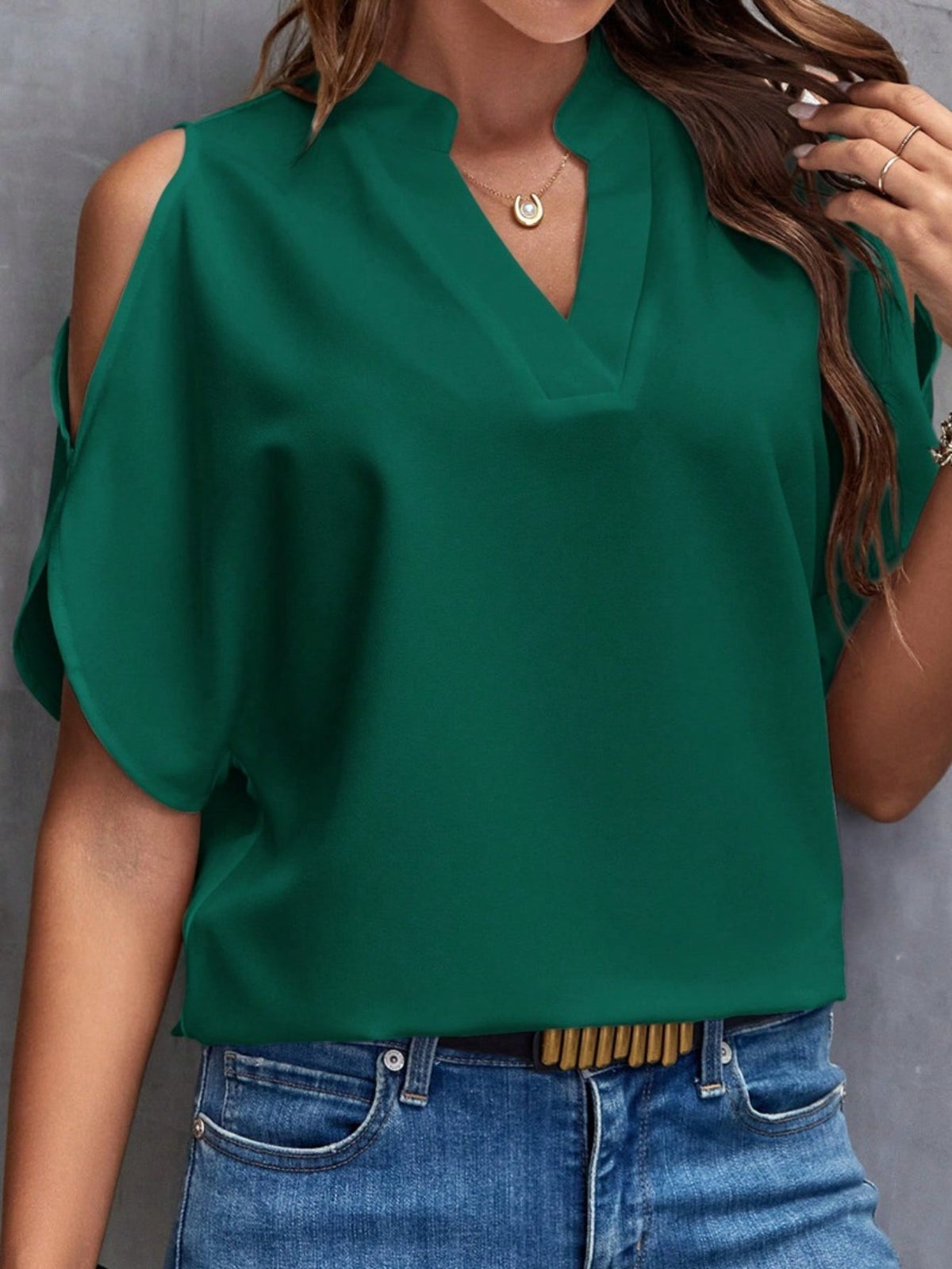 Solid Notched Neck Simple Blouse