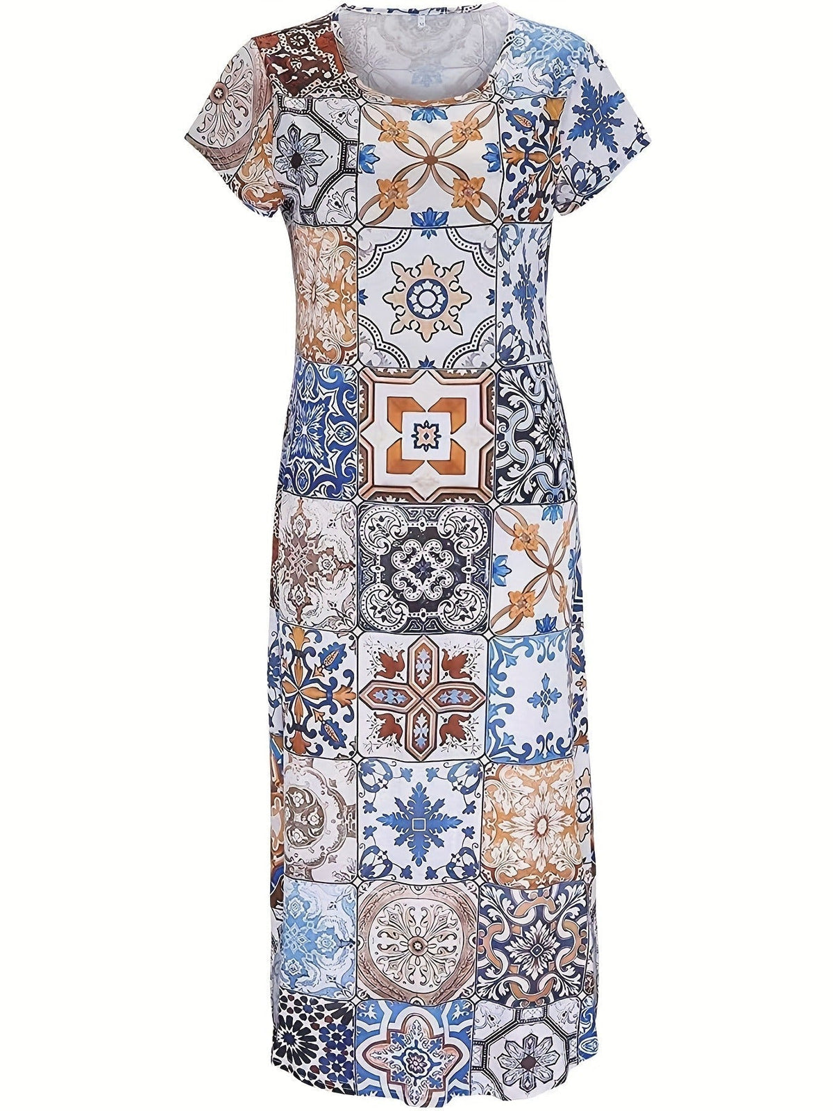 Boho Paisley Print Crew Neck Dress, Casual Short Sleeve Dress