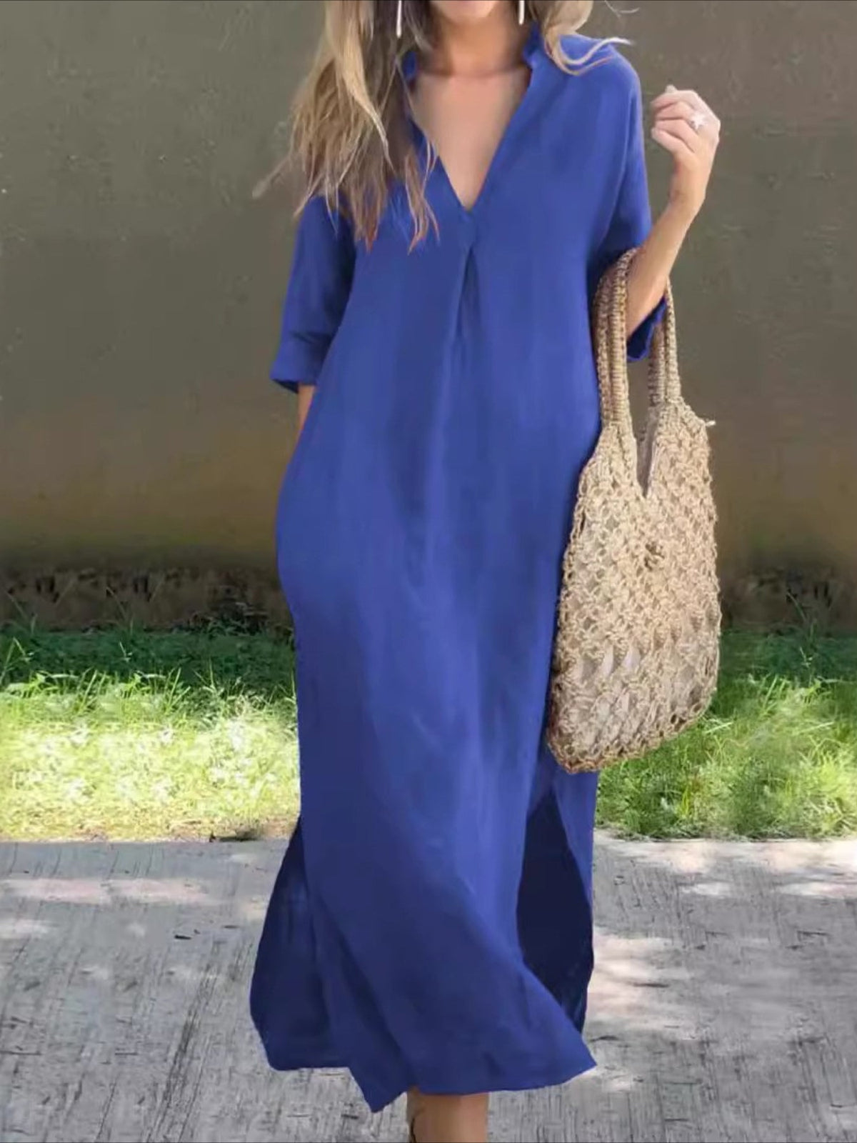 Women's Pocket Split Basic Casual Split Neck 3/4 Length Sleeve Maxi Dress