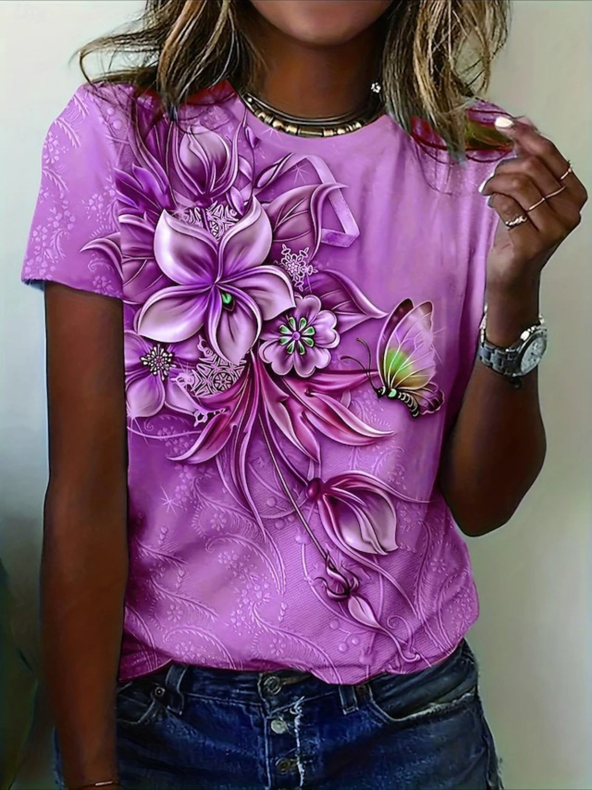 Floral Crew Neck Short Sleeve Casual T-shirt