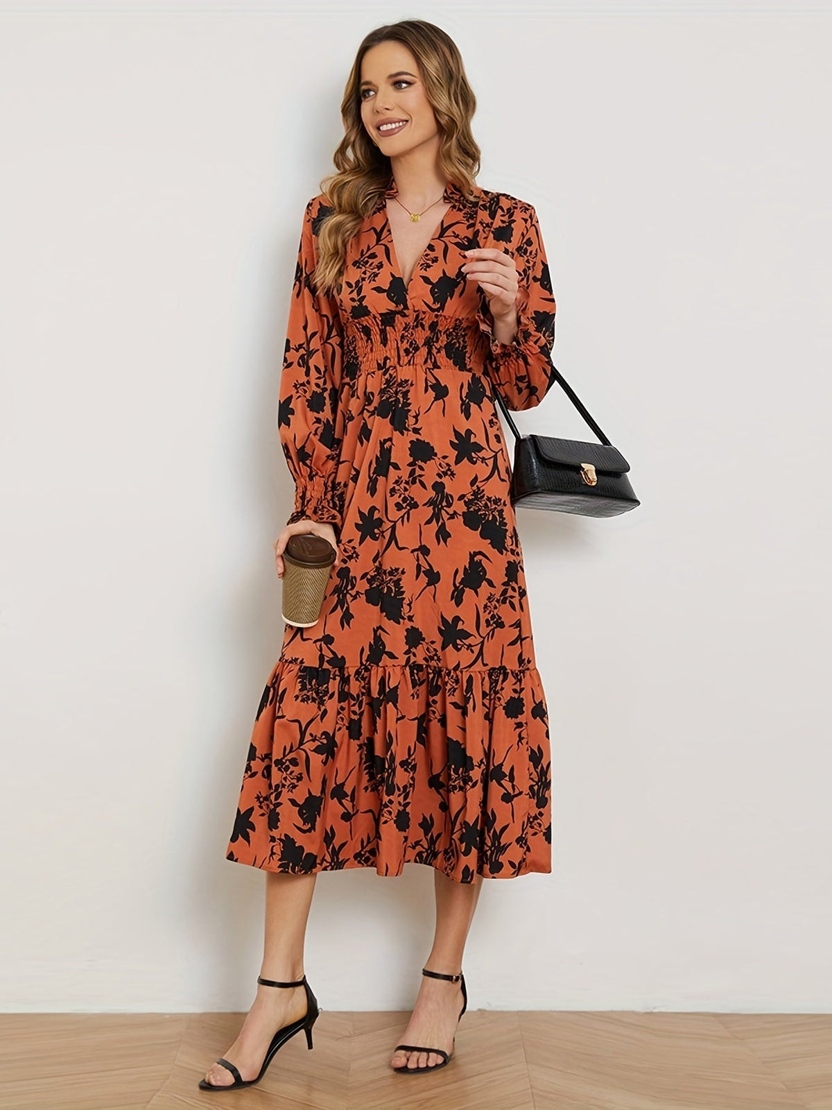 Floral Print Shirred Waist Dress, Casual V Neck Long Sleeve Dress