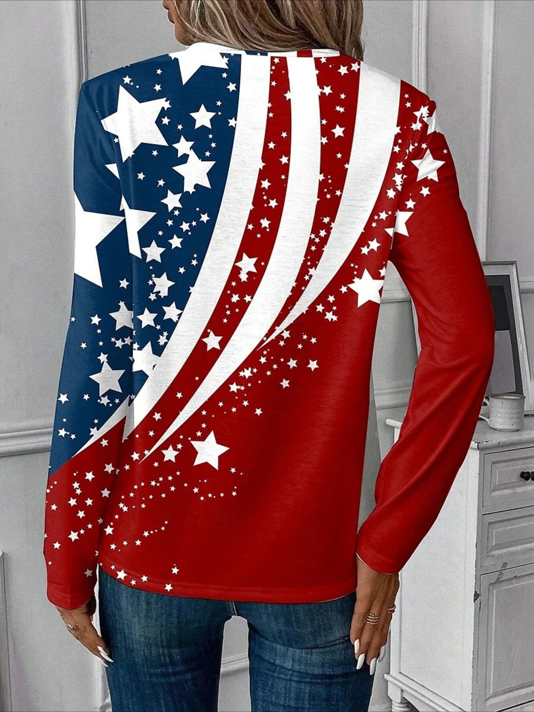 Casual Independence Day (Flag) V Neck Long Sleeve T-shirt
