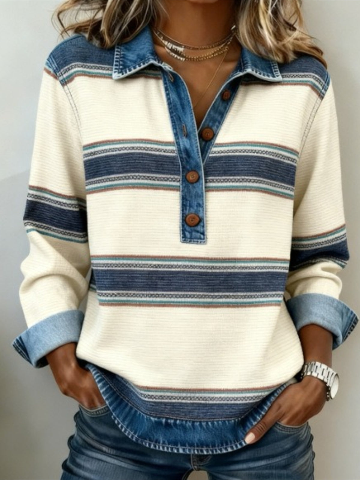 Striped Printed Twist College Style Denim Splicing Versatile Casual Knitted Lapel Long Sleeve Sweatshirts