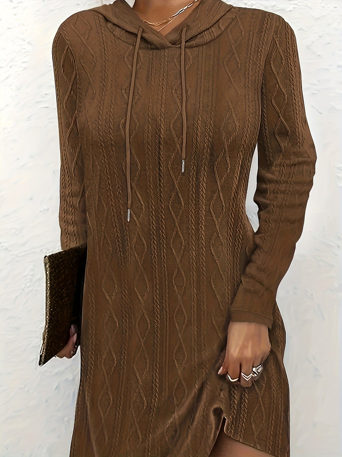 Textured Drawstring Hooded Dress, Casual Long Sleeve Above Knee Dress