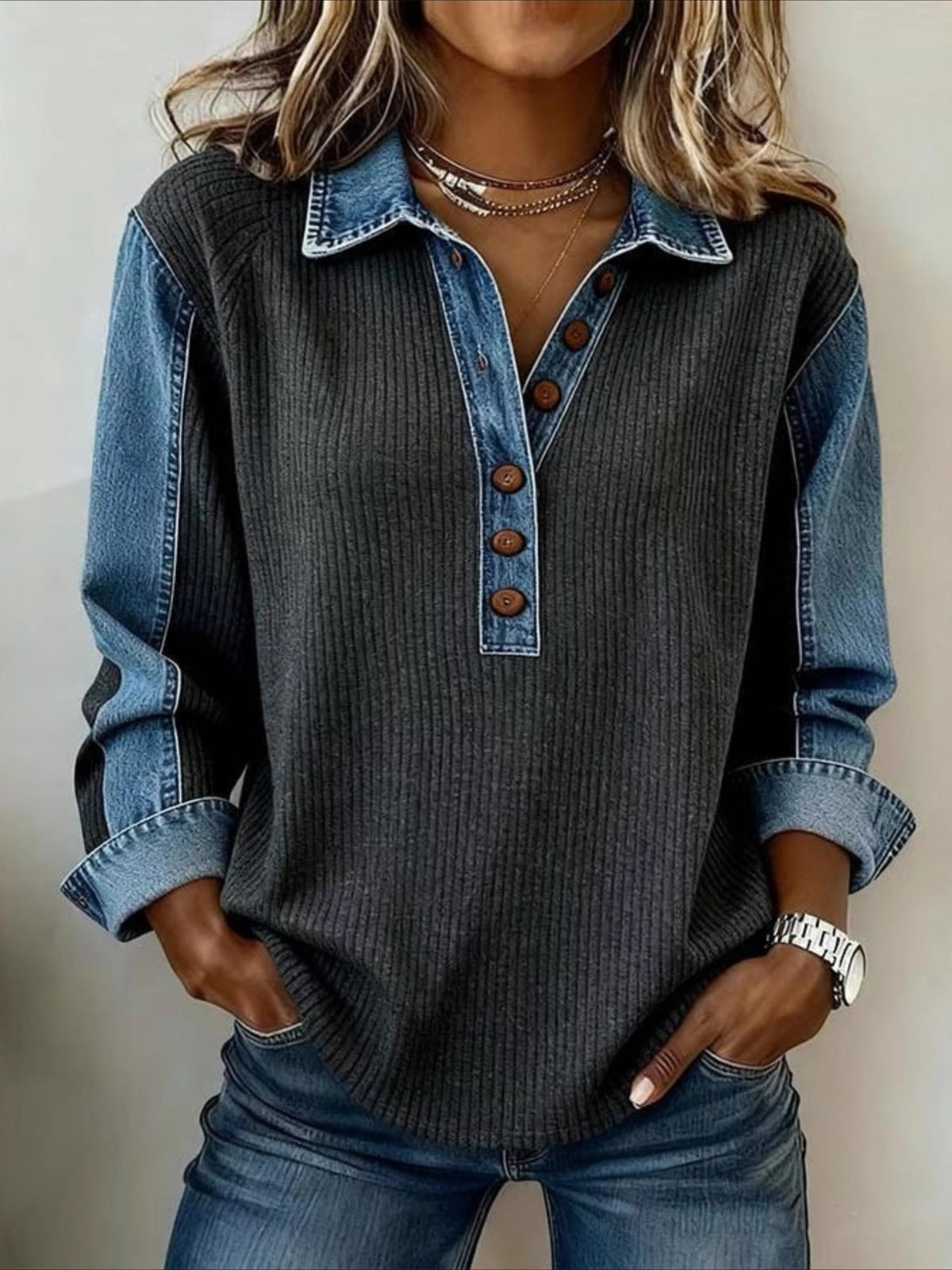 Casual Shawl Collar Color Block Sweatshirt
