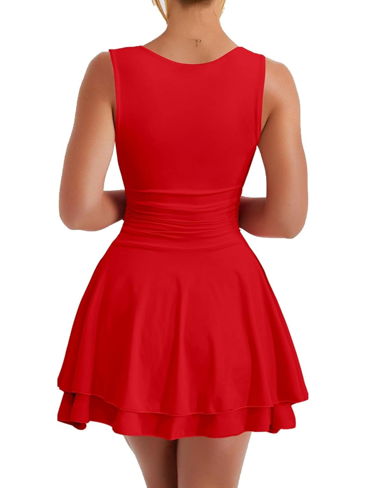 Solid Color Square Neck Ruffle Hem Ruched Waist Mini Dress