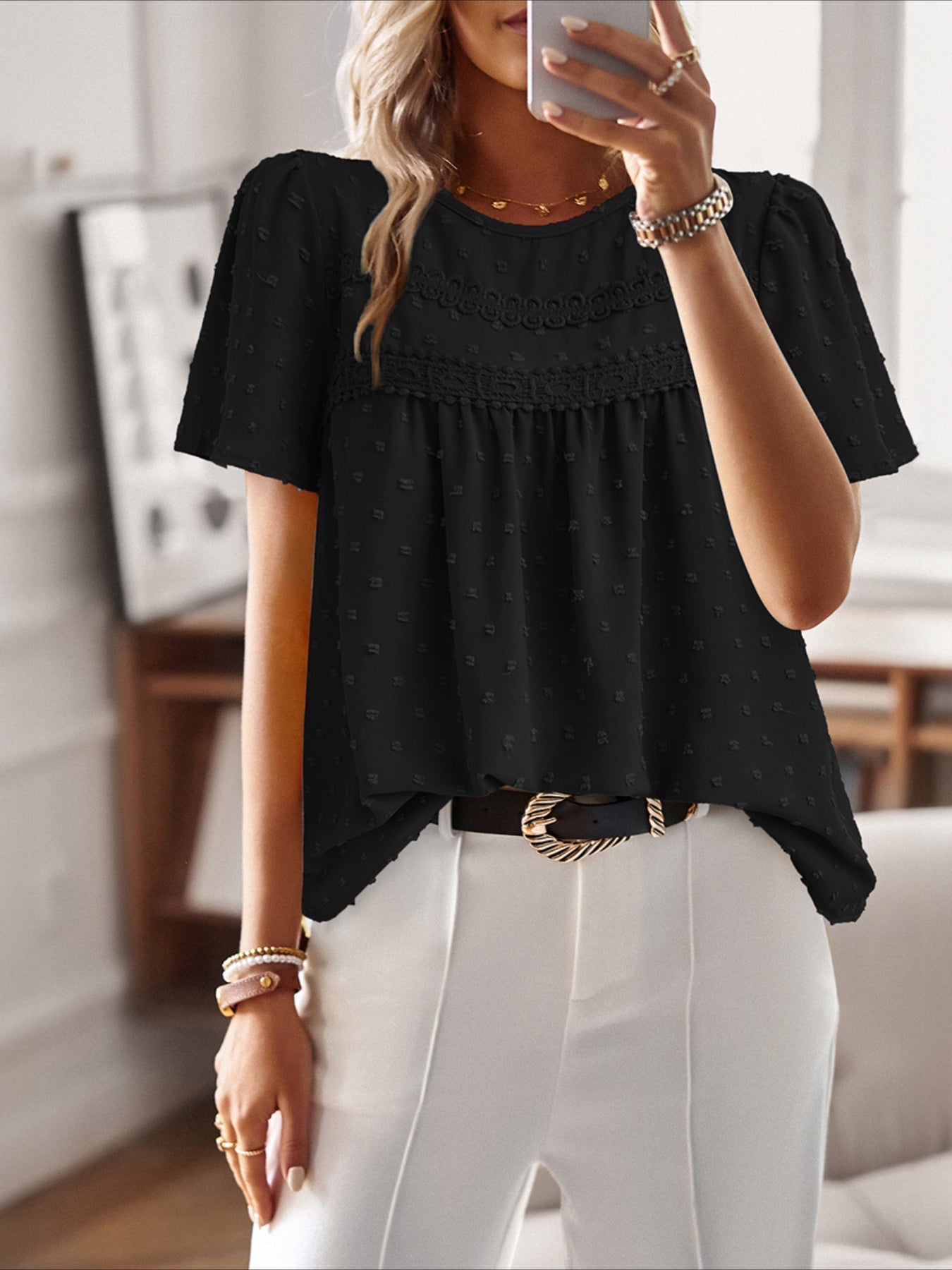 Swiss Dot Butterfly Sleeve Lace Detail Round Neck Casual Shirt