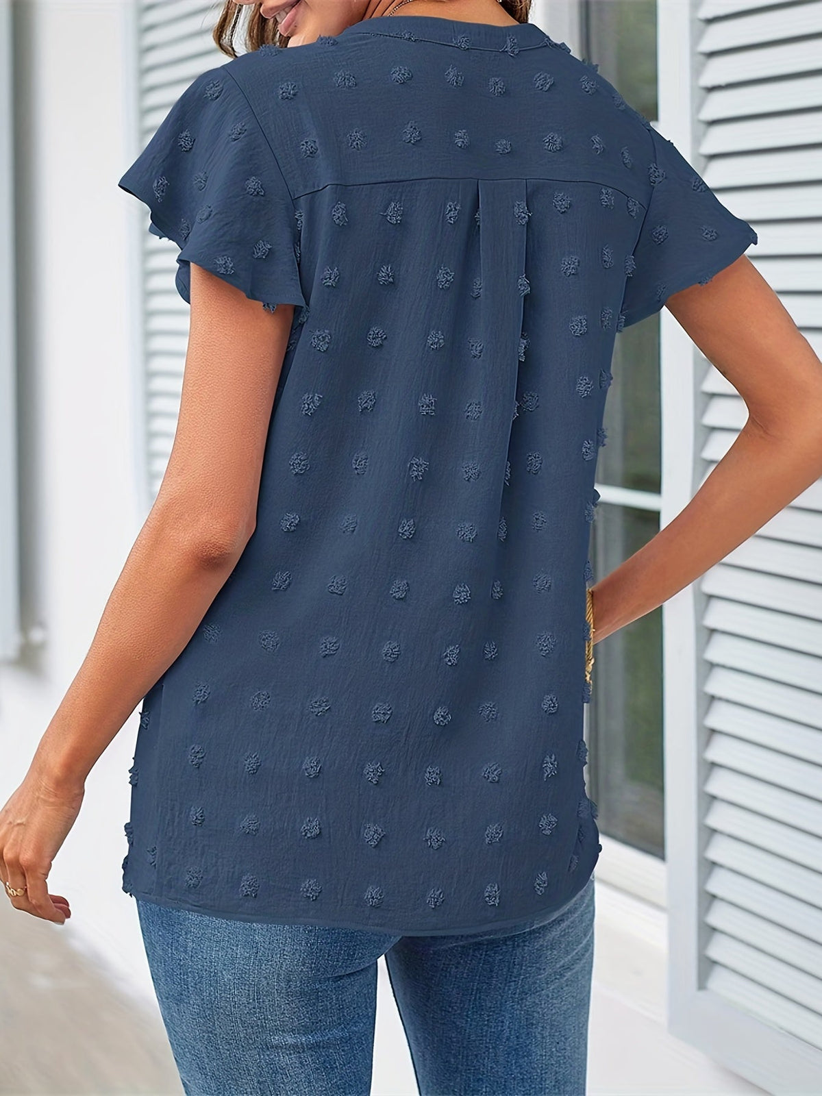 Swiss Dot V Neck Blouse, Casual Ruffle Sleeve Blouse