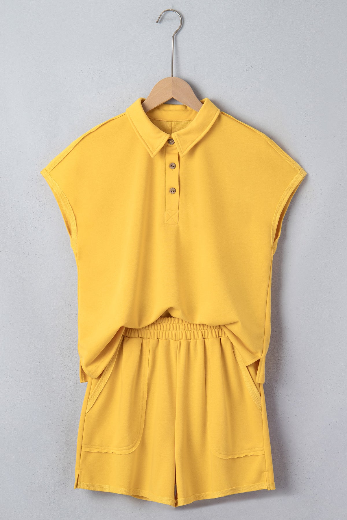 Banana Cream Loose Polo Tee Elastic Waist 2pcs Short Set