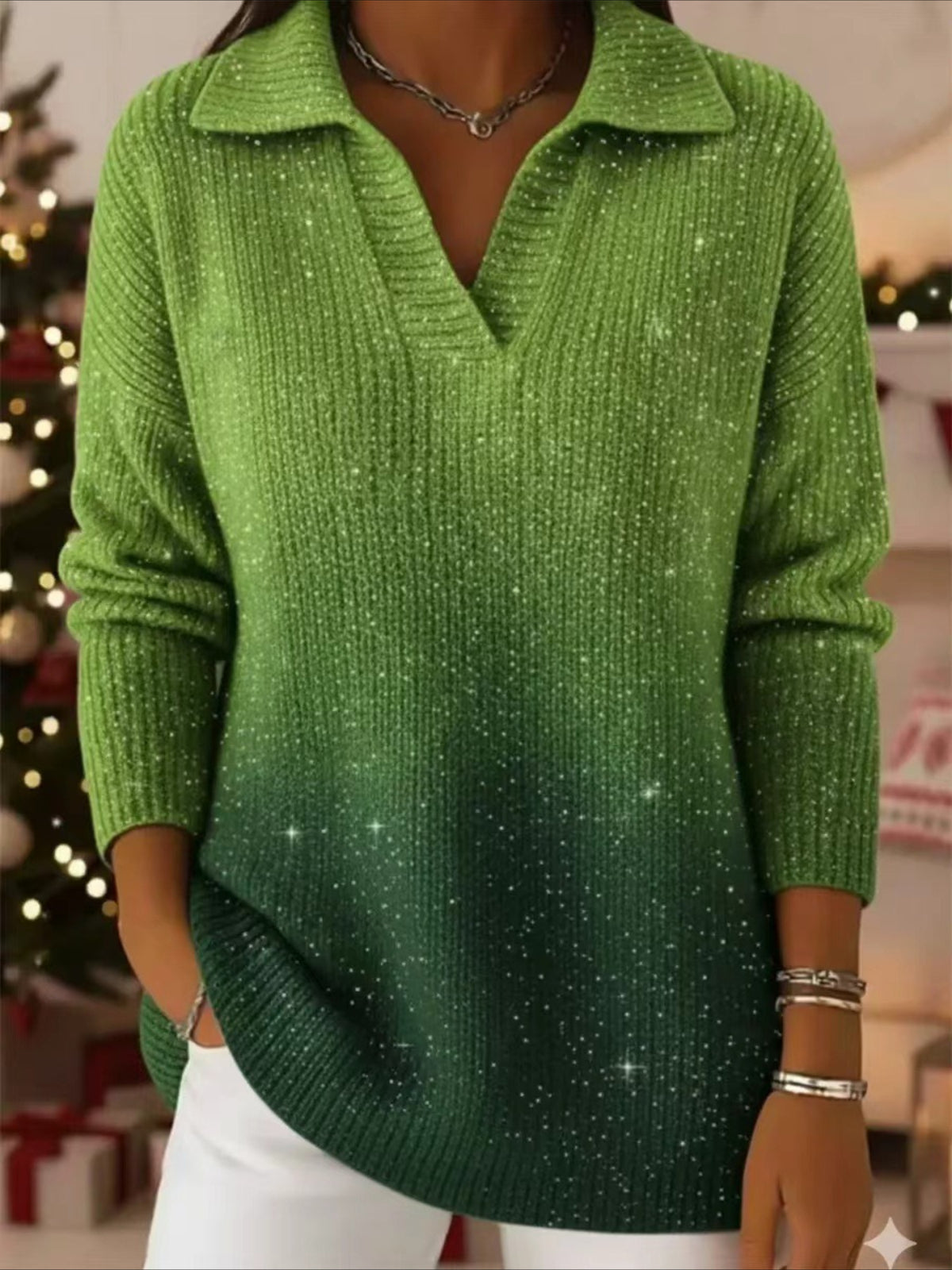 Party Polo Collar Shiny Loose Sweater Top