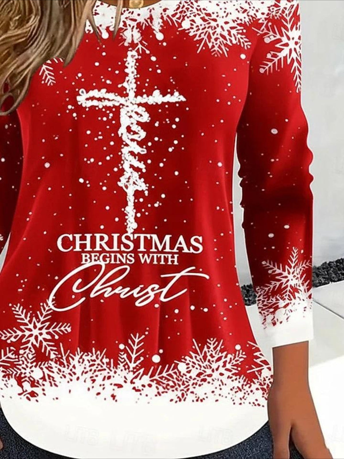Red Christmas Long Sleeve Tee T-shirt Crew Neck Casual Spring/Fall Top