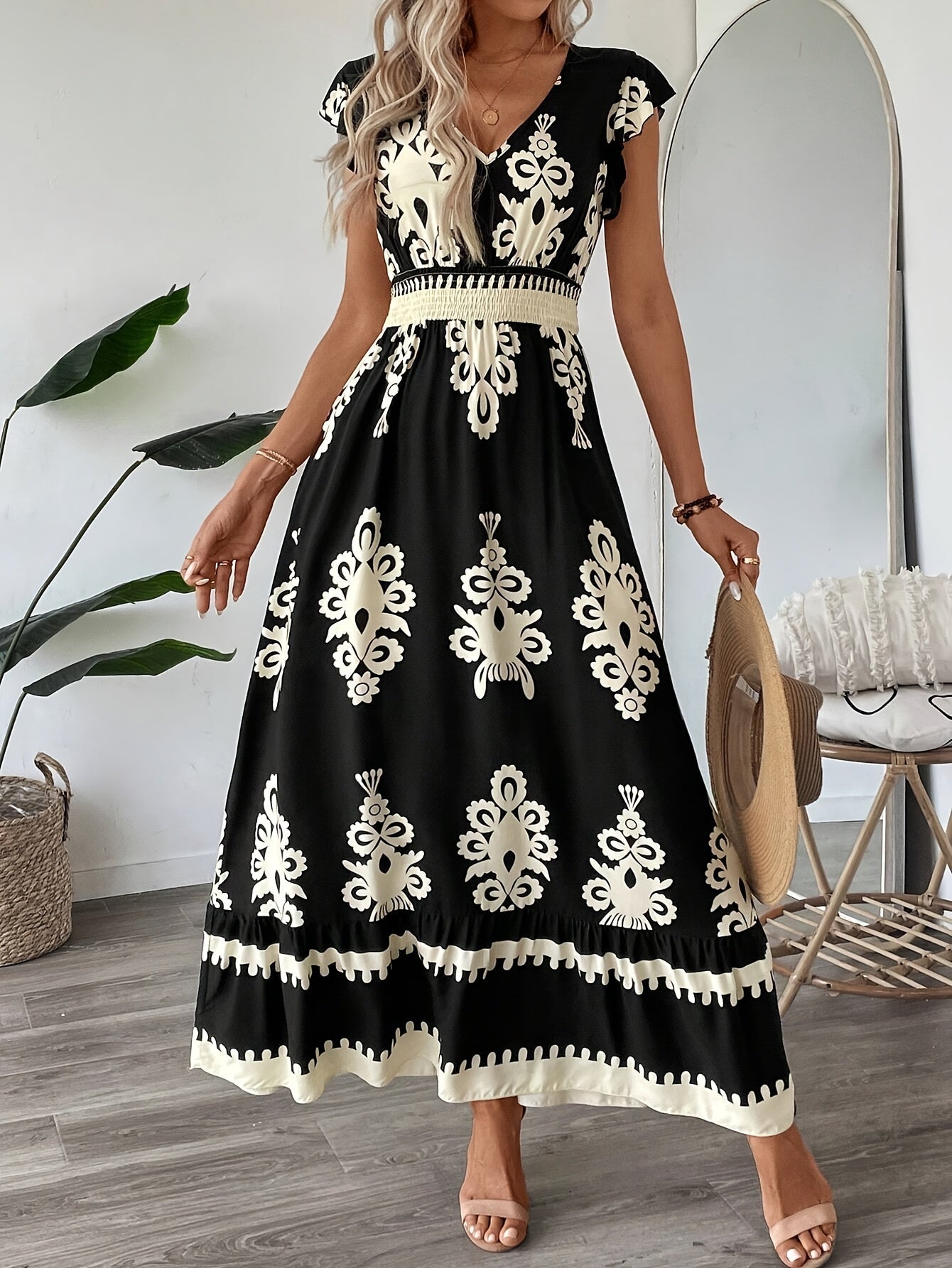 Women's Navy Blue Floral Print V-Neck A-Line Dress with Ruffled Cap Sleeves