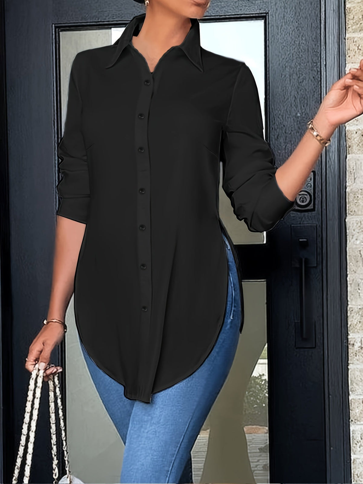 Women's Split Button Front Shirt - Casual Long Sleeve Curved Hem Top for Comfortable and Stylish Look