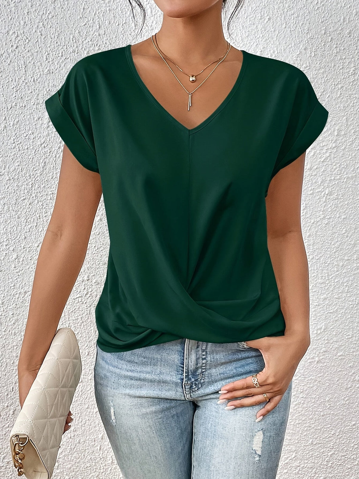 Women's Knot V Neck T-Shirt - Casual Short Sleeve Top