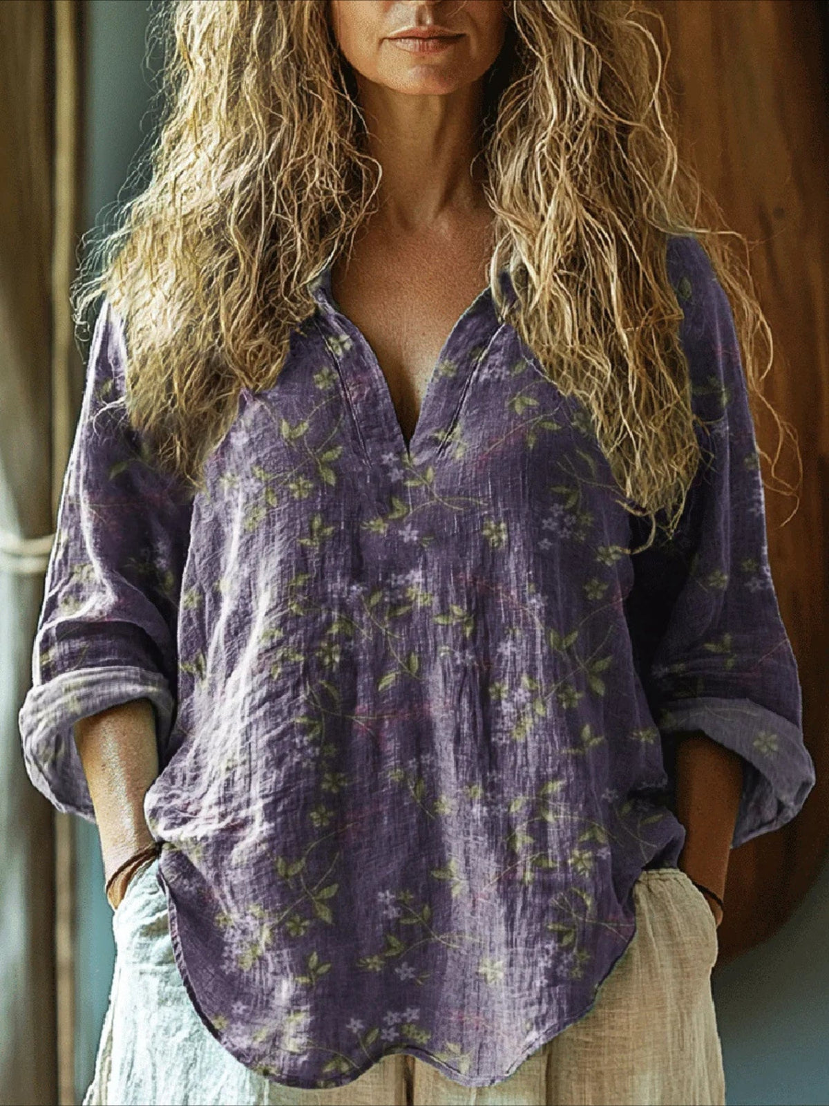 V Neck Long Sleeve Ombre Regular Loose Shirt