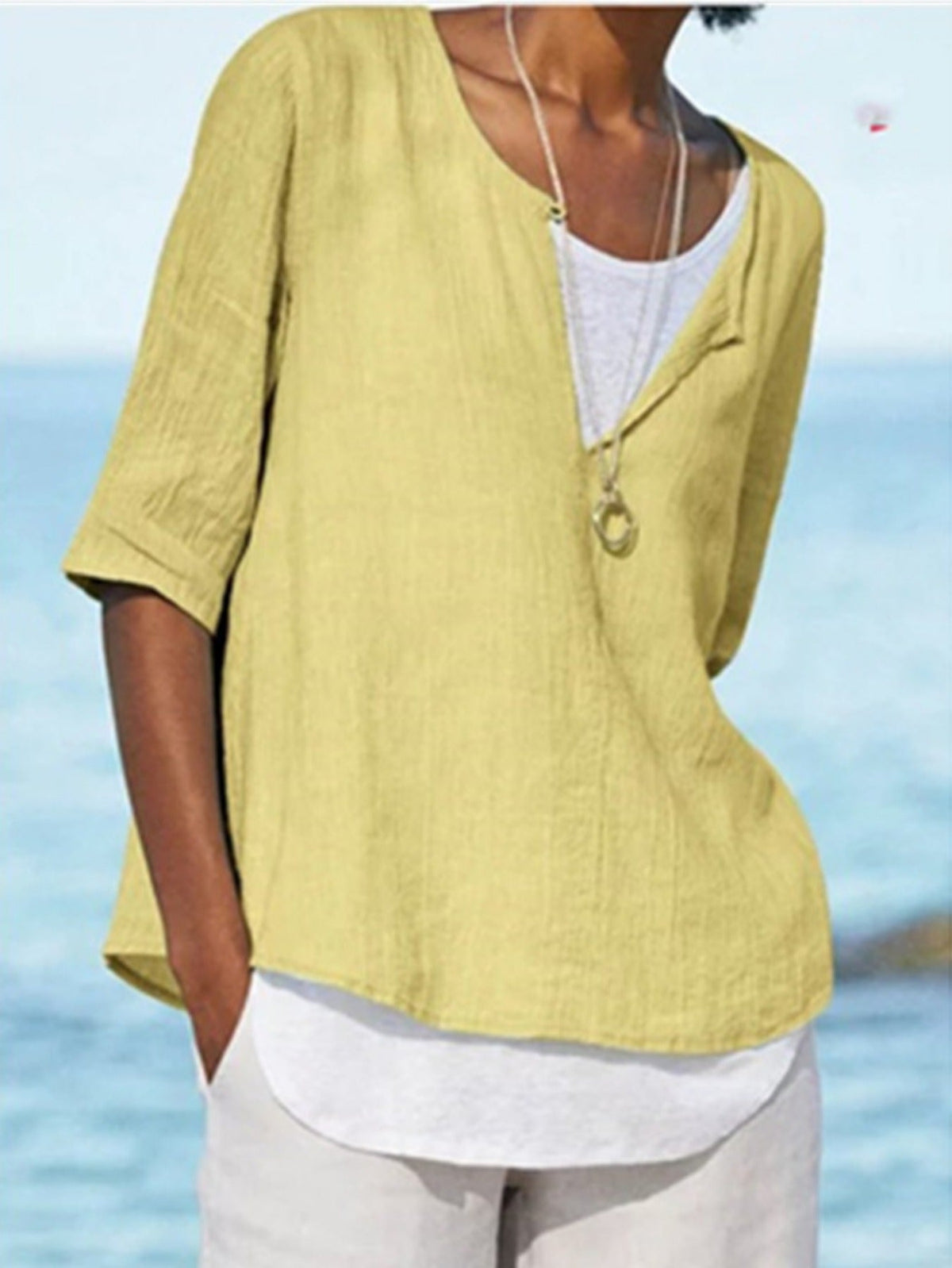 Solid Color Crew Neck Front Slit Stylish Pullover Top