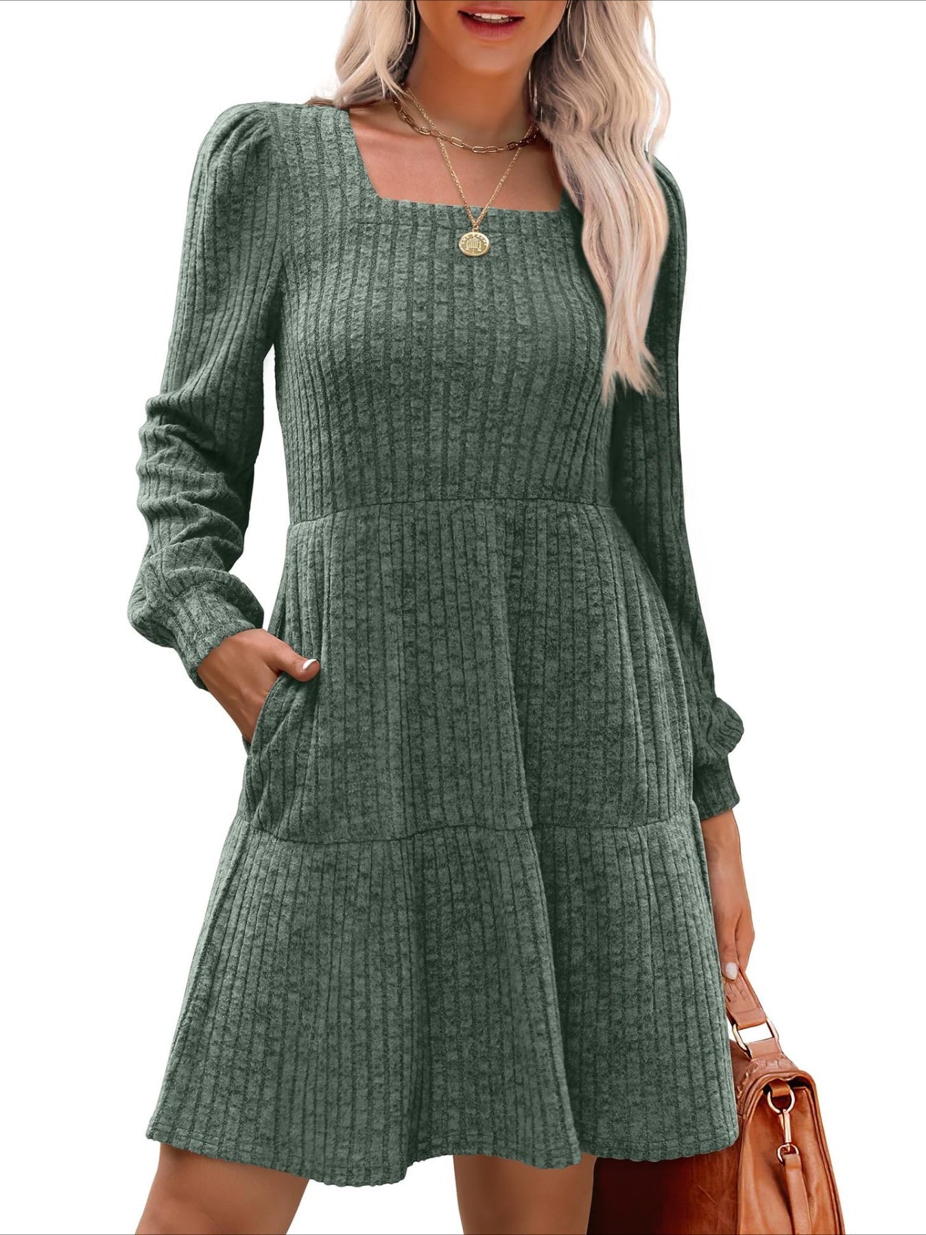 Square Neck Long Sleeve Dress with Pockets