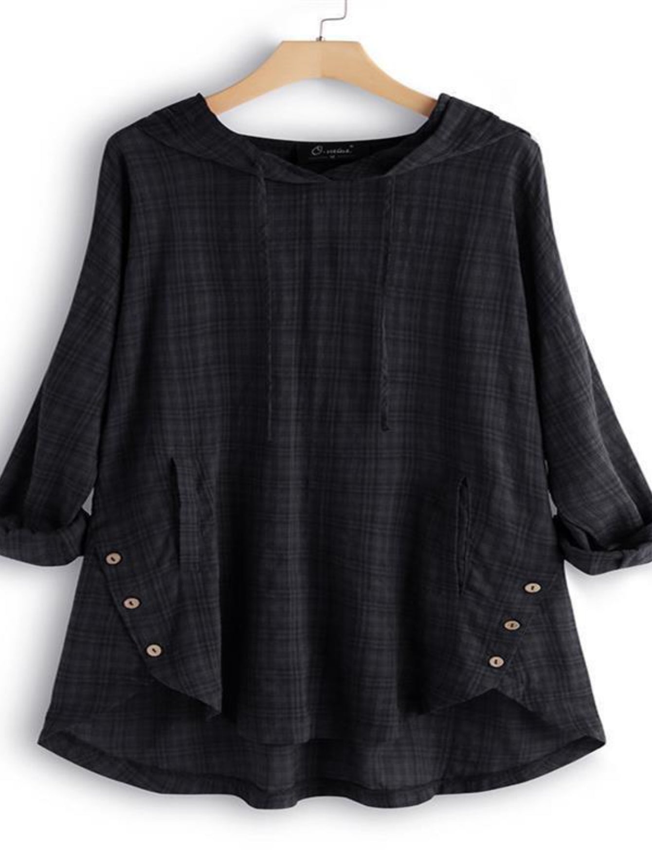 Elegant Hooded Plaid Blouse for Women - Long Sleeve Shirt with Drawstring Detail