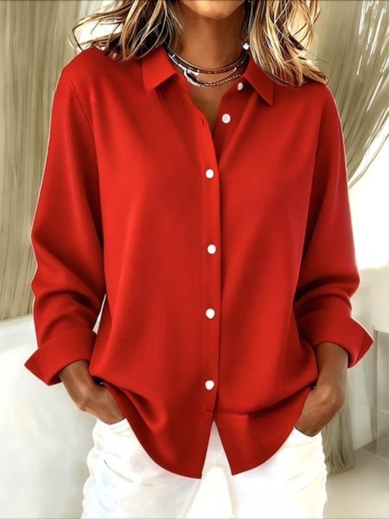 V Neck Long Sleeve Plain Regular Micro-Elasticity Regular Fit Shirt