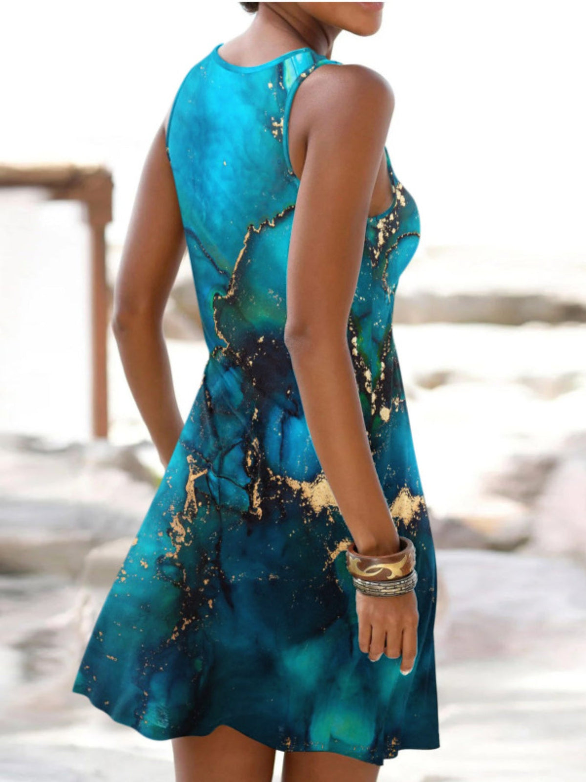 Marble Print Keyhole Dress, Casual Crew Neck Sleeveless Summer Dress