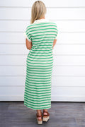 Green Stripe Collared V Neck Short Sleeve T Shirt Midi Dress with Pockets