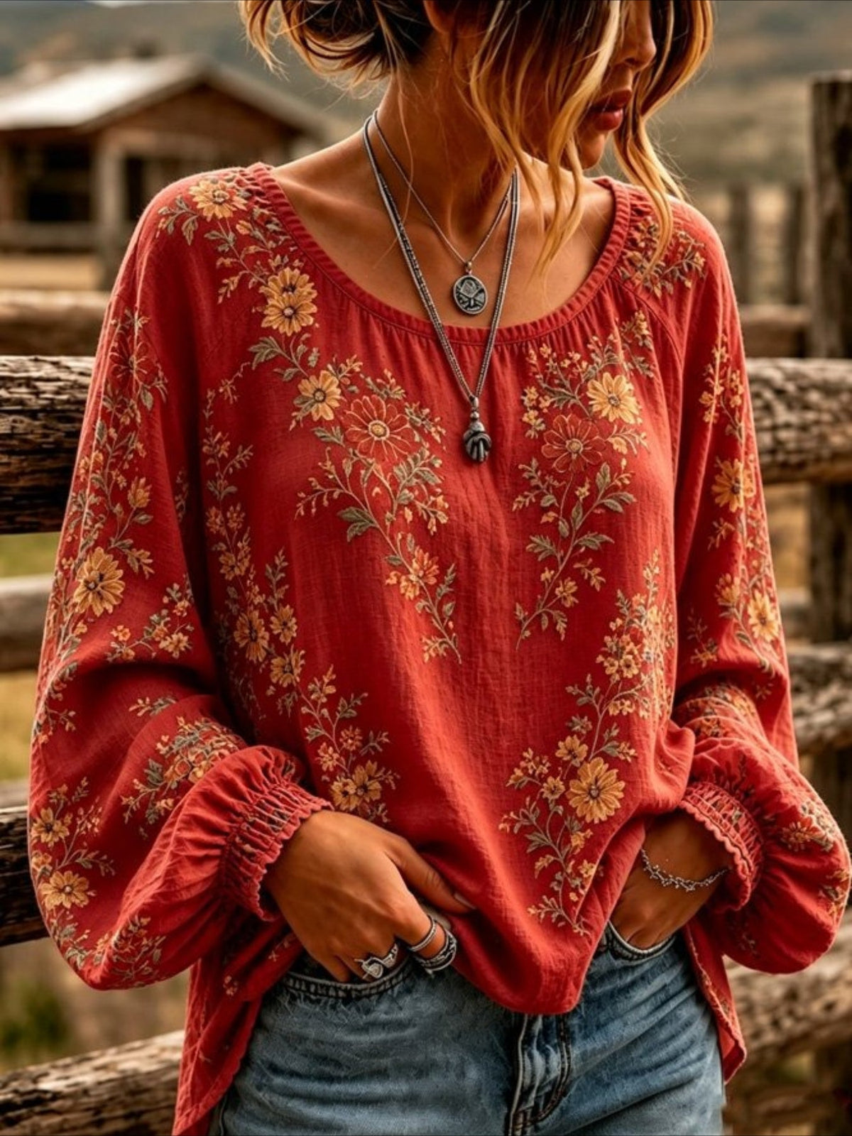 Floral Crew Neck Long Sleeve Blouse