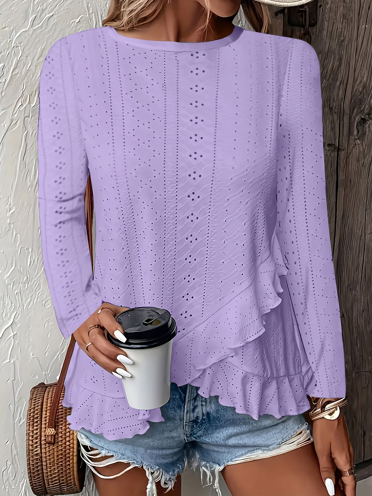 Stylish Asymmetrical Ruffle Hem Long Sleeve Top - Elegant Embroidered Solid Clothing