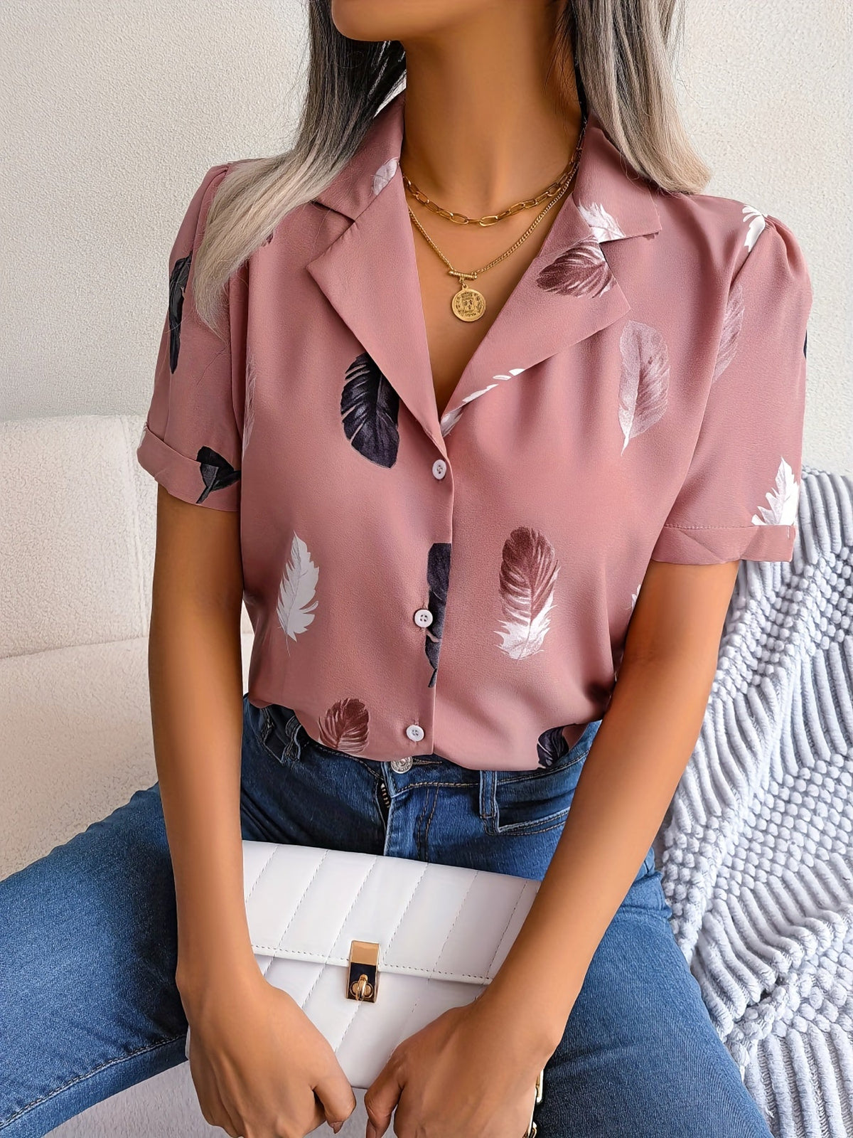 Feather Print Button Front Shirt, Casual Lapel Short Sleeve Shirt