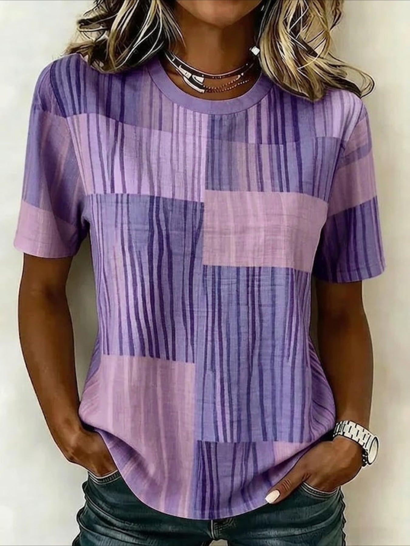 Stripe Casual Pattern Crew Neck Short Sleeve T-shirt