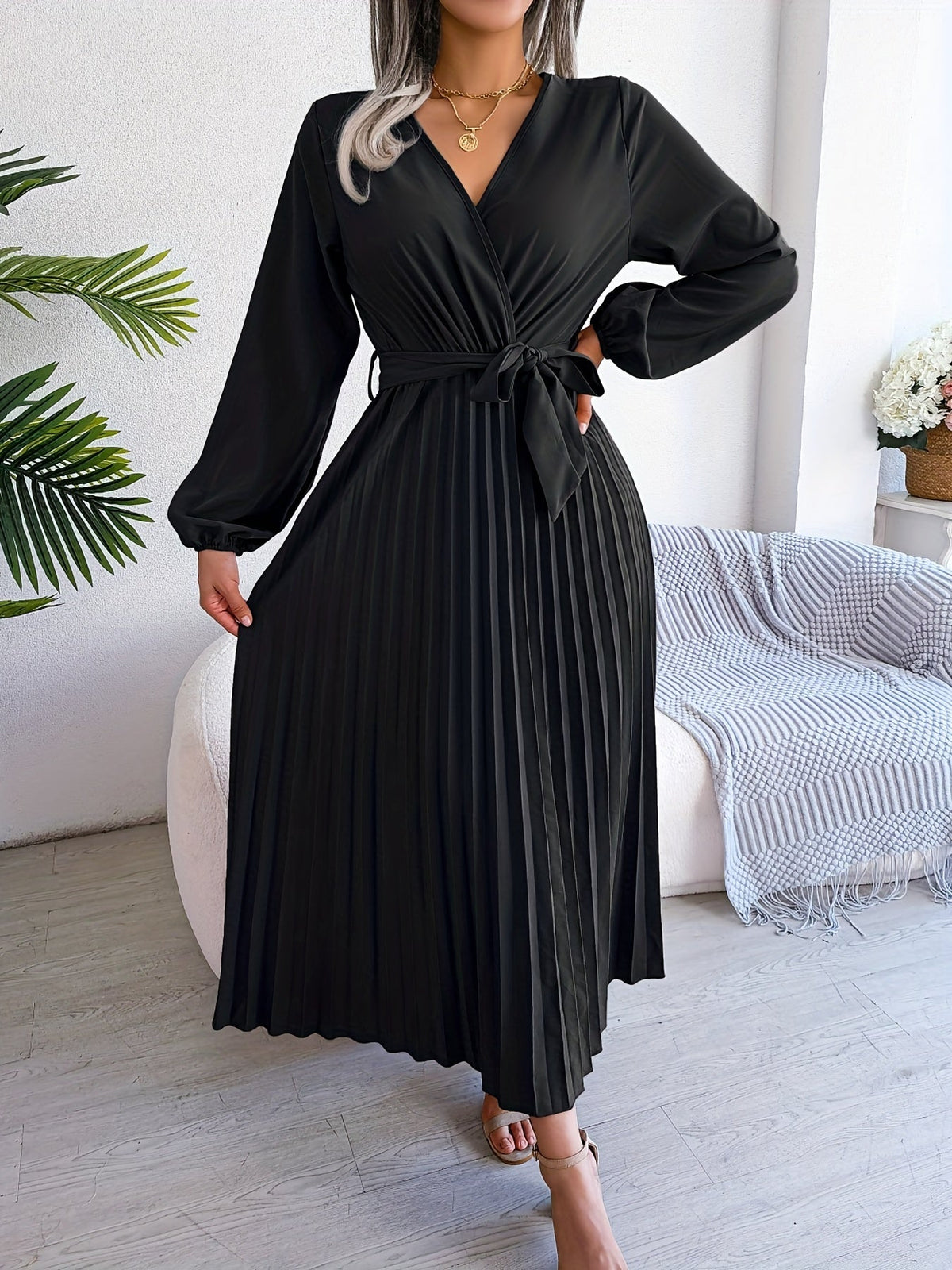 Pleated Surplice Neck Dress, Elegant Long Sleeve Solid Dress, Women's Clothing