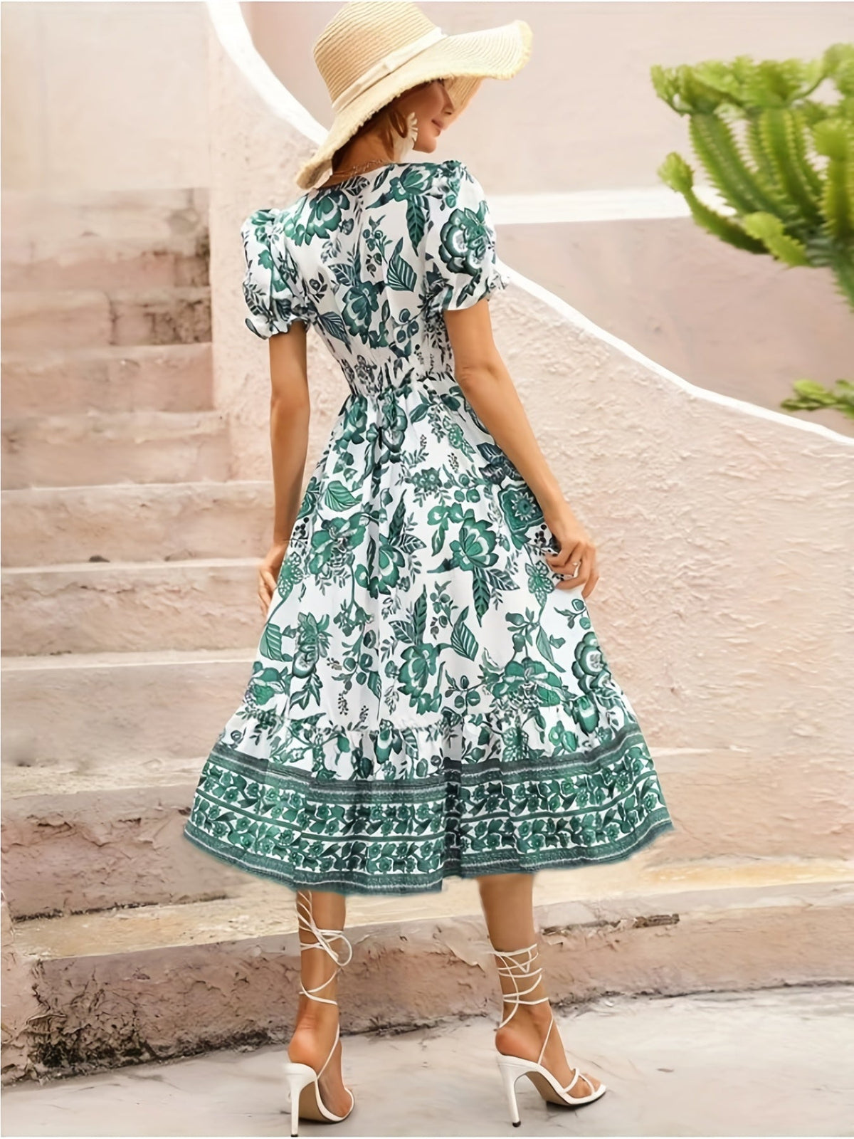 Floral Print V Neck Dress, Elegant Short Sleeve Dress