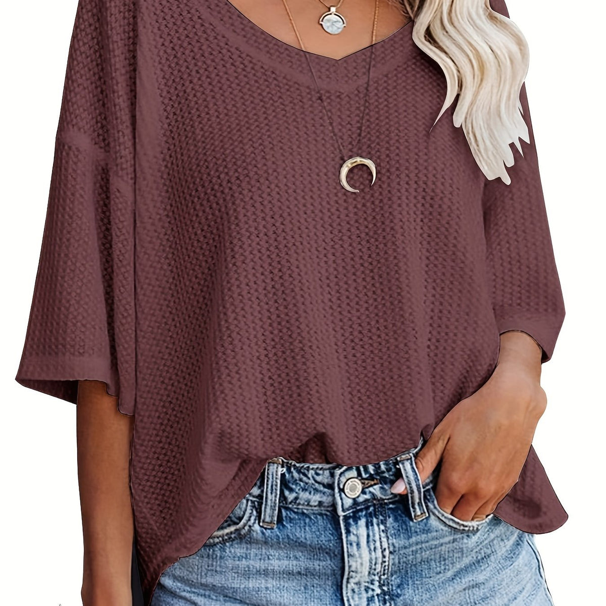 Solid Elegant V Neck T-Shirt, Drop Shoulder Casual Top