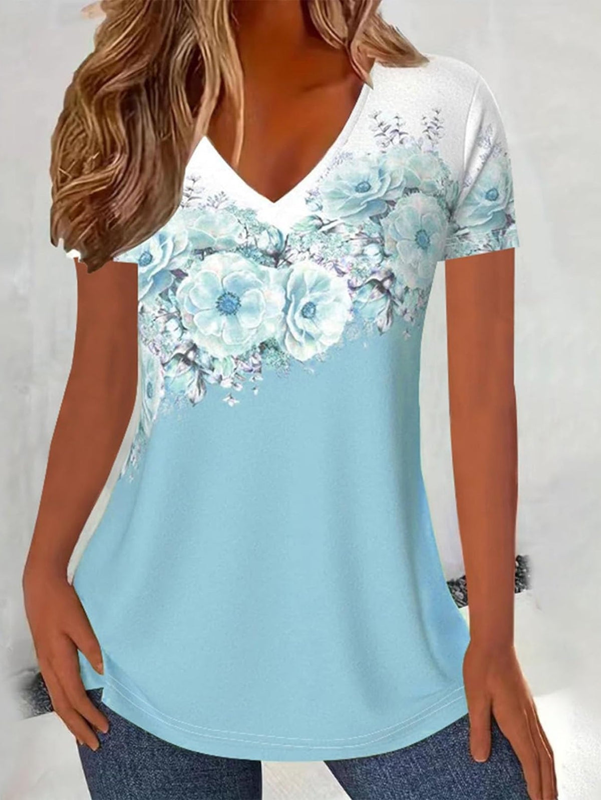 V Neck Short Sleeve Cute Print Graphic Tees