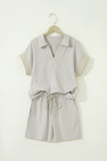 Khaki Stripe Dolman Sleeve Polo Shirt and Drawstring Shorts Set