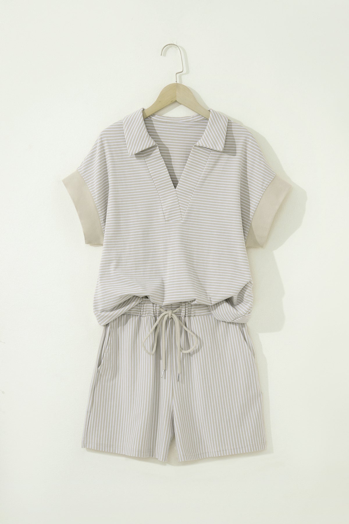 Khaki Stripe Dolman Sleeve Polo Shirt and Drawstring Shorts Set