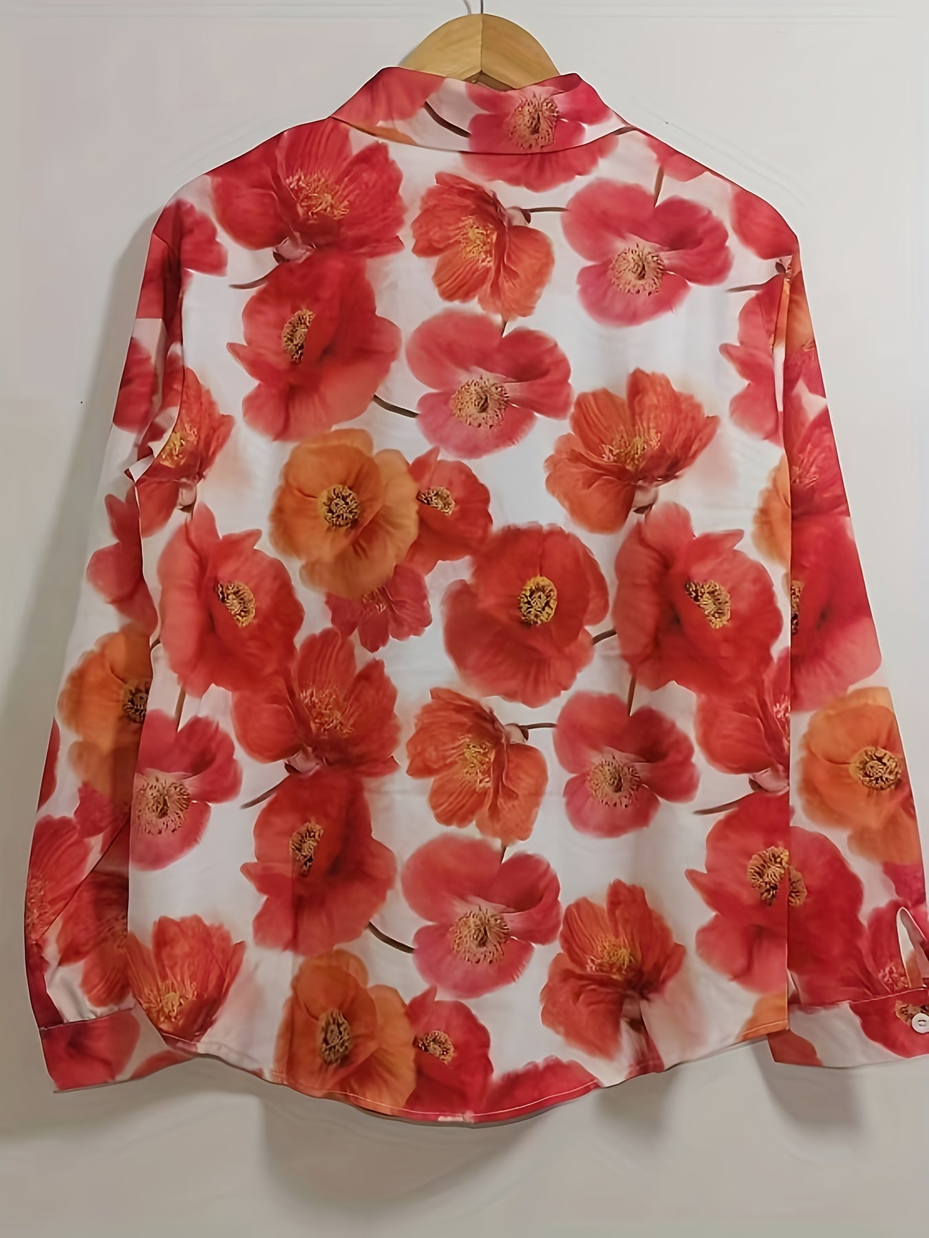 Middle Eastern-Inspired Floral Print Red Poppy Pattern on White Button-Front Placket Blouse