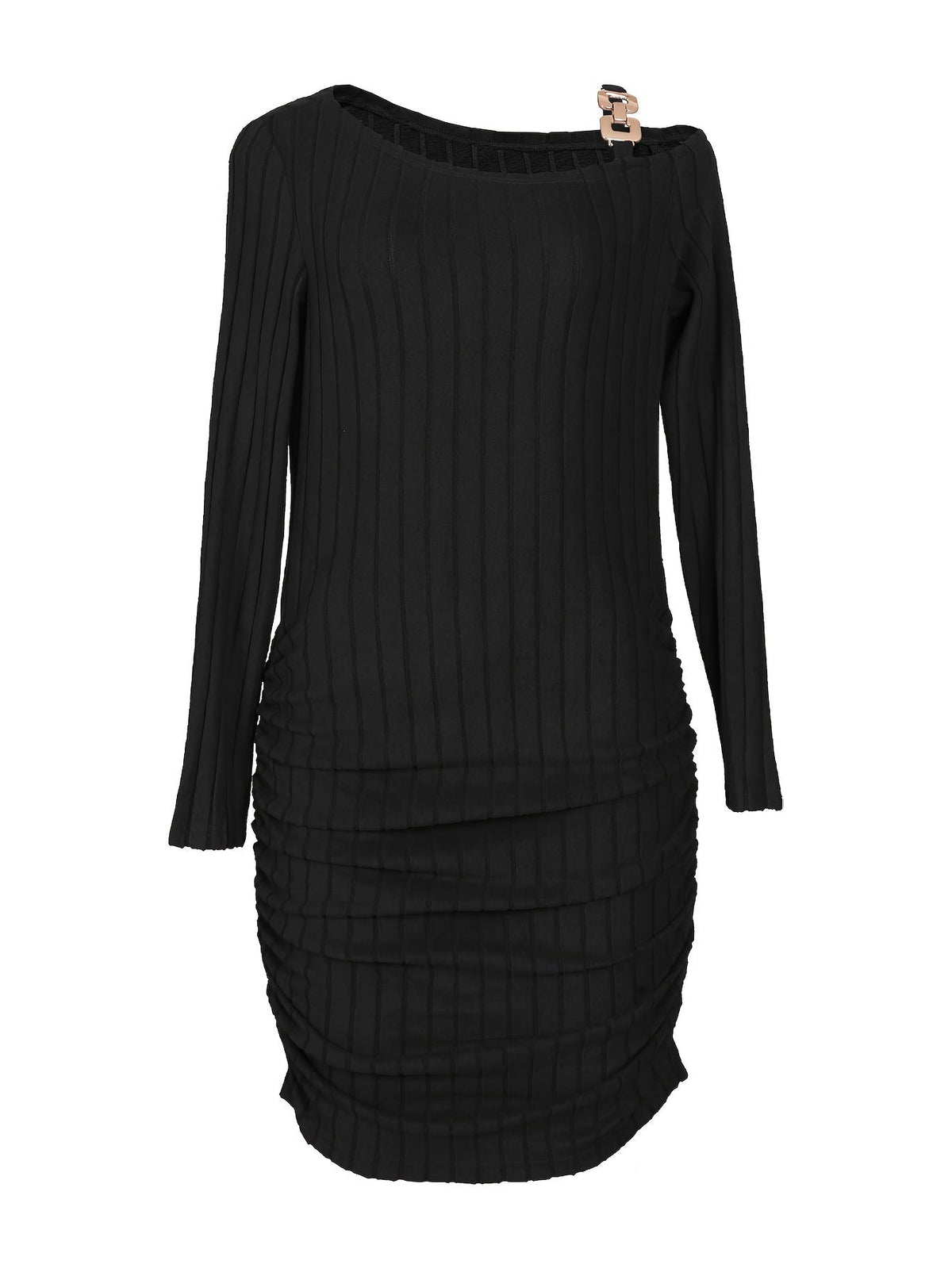 Ribbed Slanted Shoulder Chain Dress, Casual Solid Long Sleeve Bodycon Dress