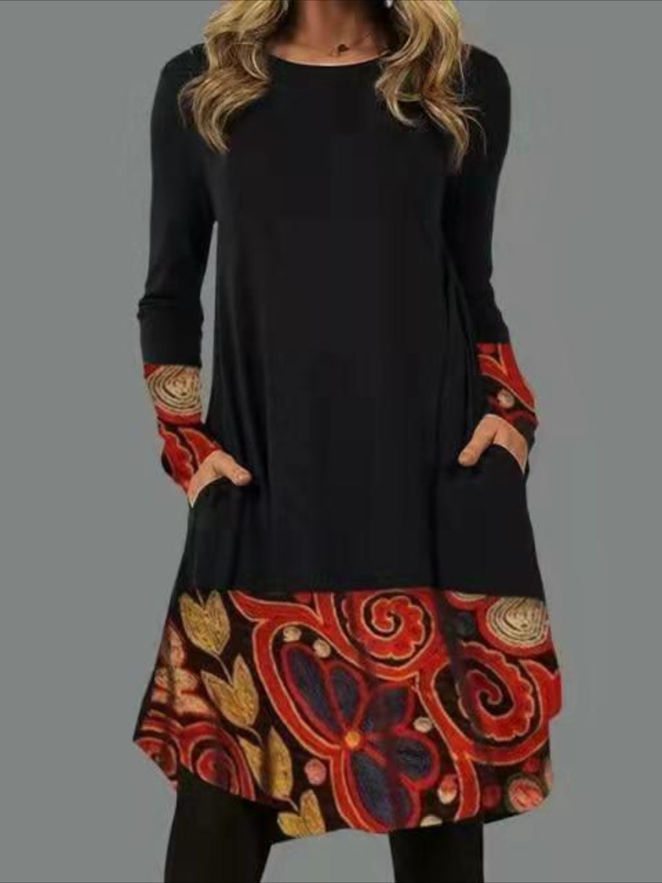 Graphic Print Dress with Long Sleeves and Pockets - Casual and Comfortable