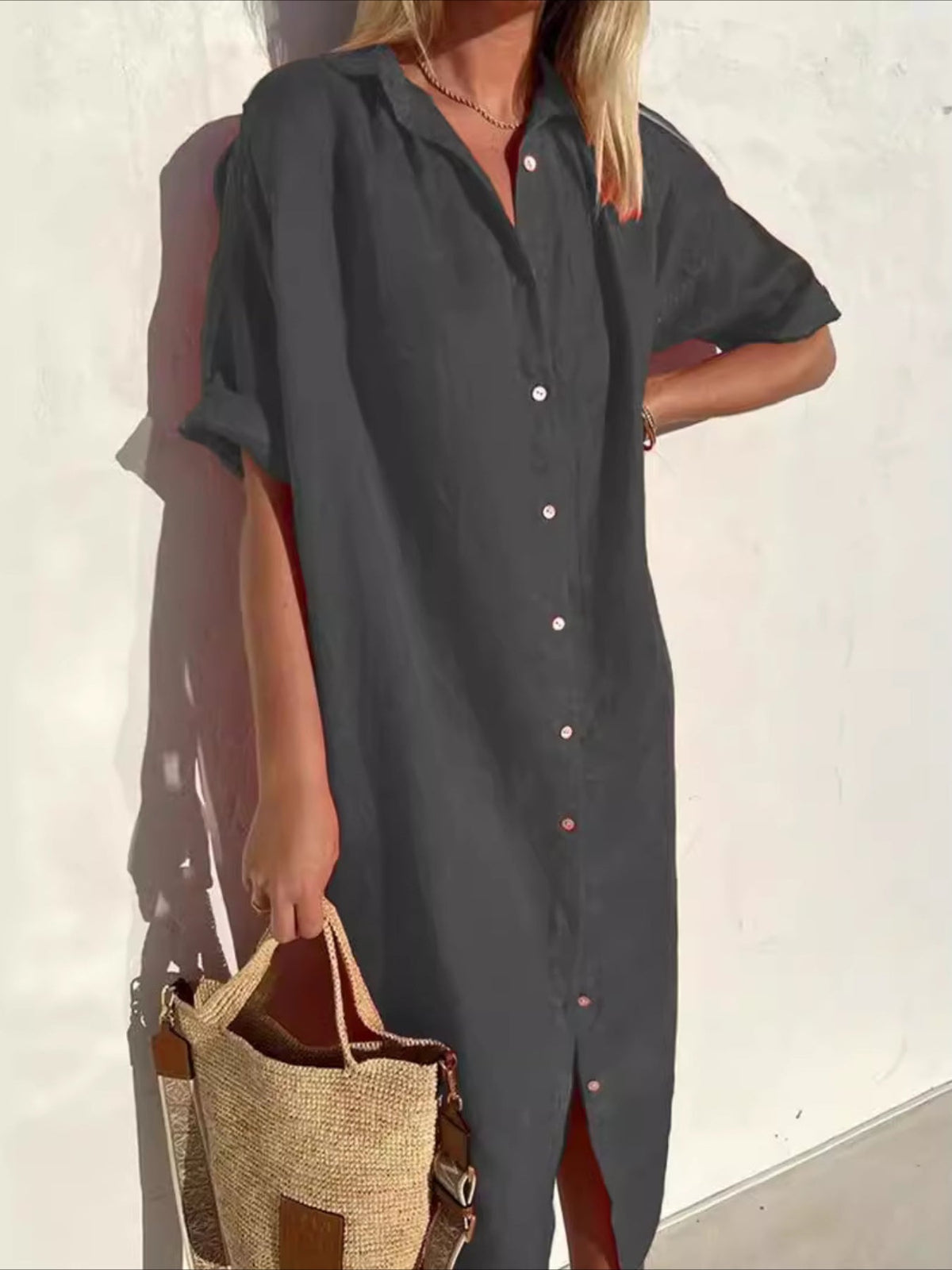 Solid Color Half Sleeve Button Down Maxi Dress