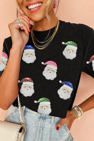 Black Sequin Patched Father Christmas Graphic T Shirt