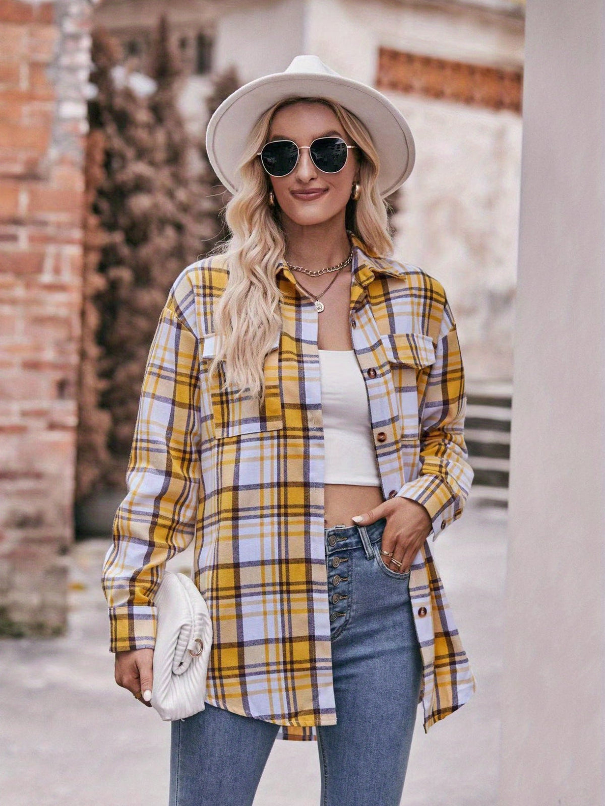 Plaid Print Polo Collar Button Shirt, Casual Long Sleeve Shirt