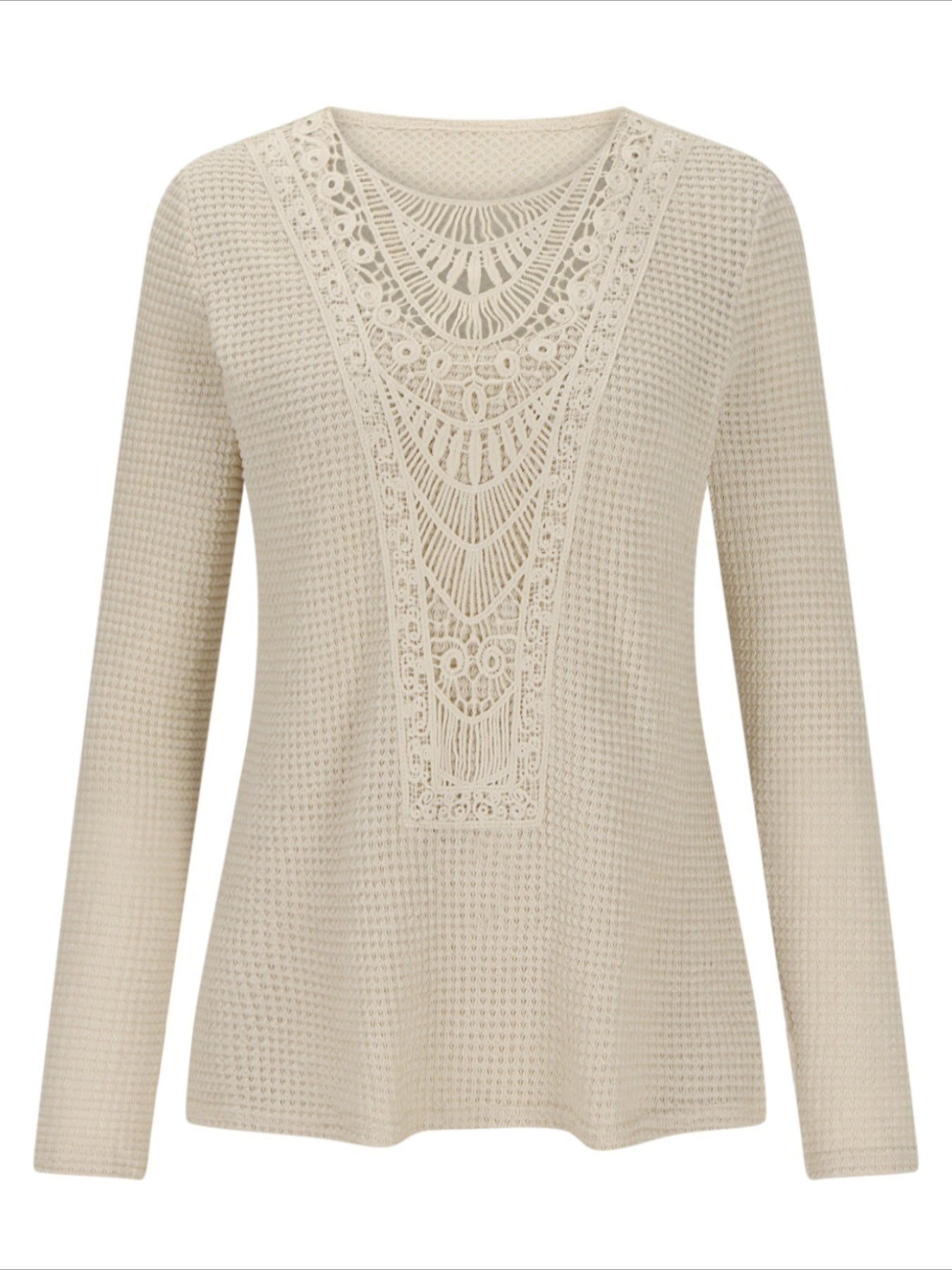 Pineapple Checked Lace Splicing Long Sleeve Solid Color T-shirt