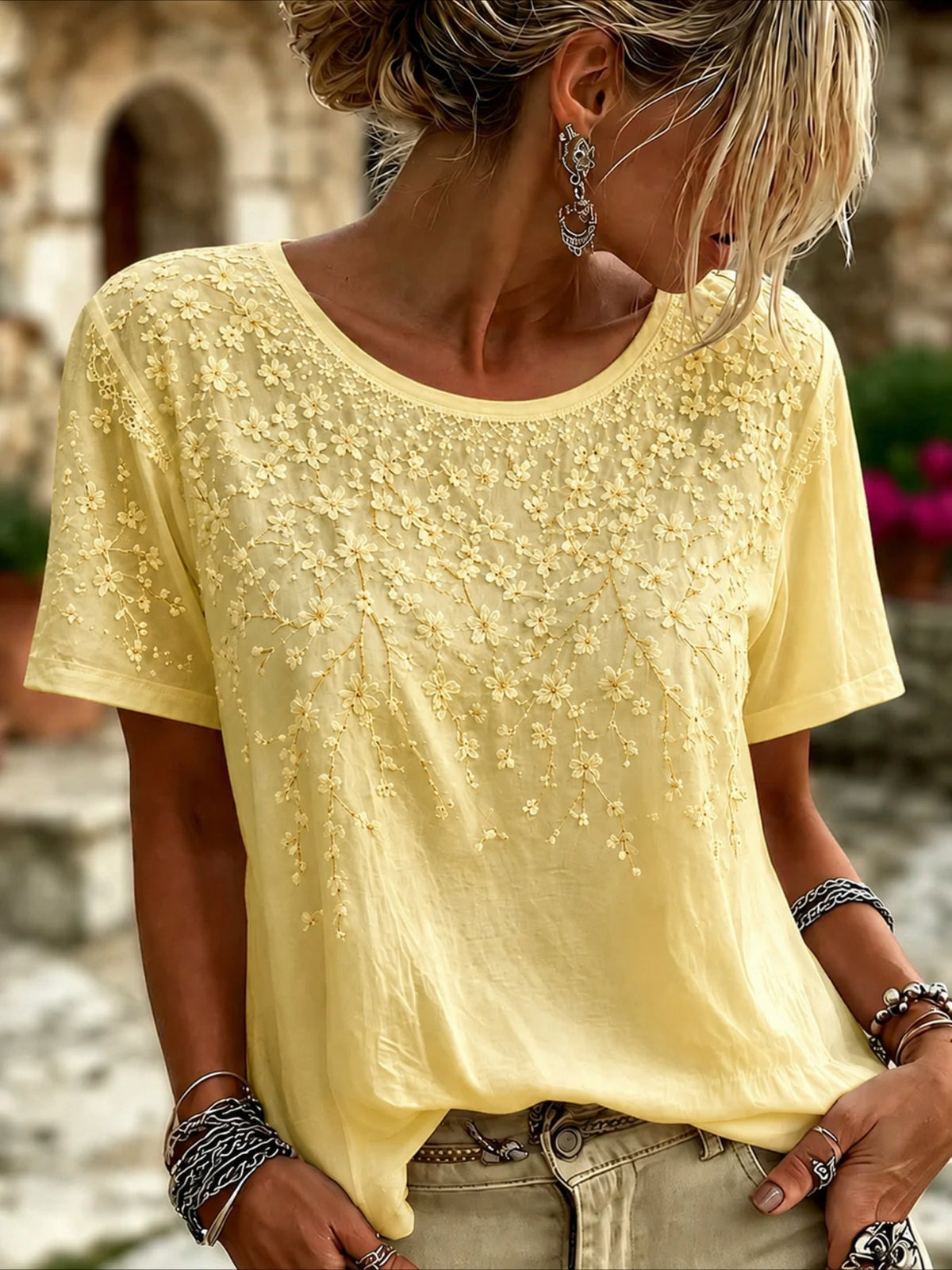 Floral Print Crew Neck Short Sleeve Top